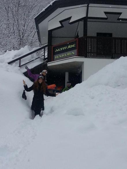There was SO MUCH SNOW - that's our rental house hiding behind us! - that even the Shinkansen stopped running!